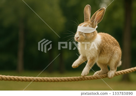 Rabbit with a blindfold walking on a tightrope in nature. 133783890