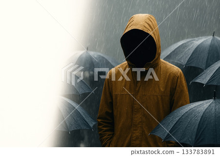 A man in a hood among umbrellas in the rain, without a face. Space for text. A man in a hood among umbrellas in the rain, without a face. Space for text. 133783891