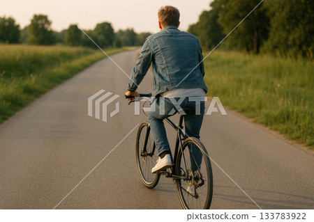 A man rides a bicycle on a country road at sunset. A man rides a bicycle on a country road at sunset. 133783922