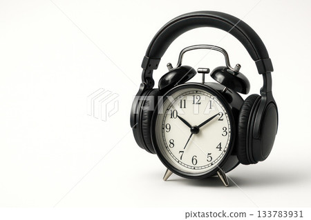 Alarm clock in black headphones. Space for text. 133783931