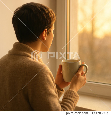 A man with a mug of hot drink looks out the window at dawn. 133783934