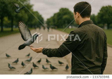A man feeds a pigeon from his hand in a city park. 133783946