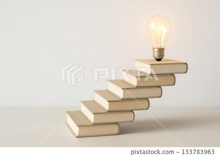 Steps of books leading to a glowing bulb. Space for text. 133783963
