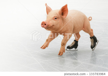 A pig on skates slides on the ice. Space for text. A pig on skates slides on the ice. Space for text. 133783964