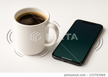 Vibrating smartphone next to a hot cup of coffee. Vibrating smartphone next to a hot cup of coffee. 133783969