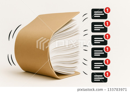 A thick folder with documents is surrounded by notifications. A thick folder with documents is surrounded by notifications. 133783971