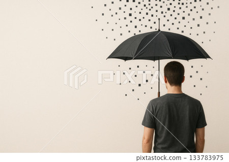A man under a black umbrella with digital rain. Space for text. 133783975