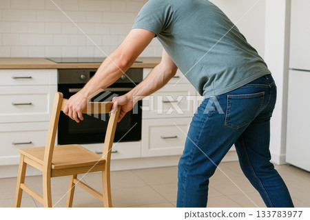 A man moves a wooden chair in the kitchen. 133783977