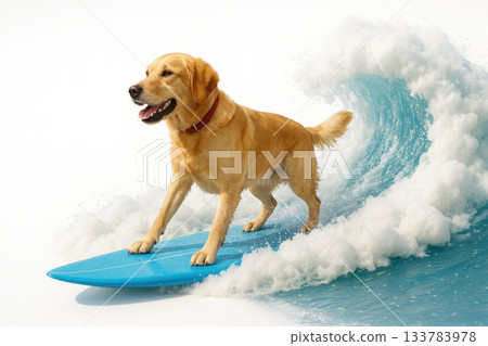 Dog surfboarding on a wave. Dog surfboarding on a wave. 133783978