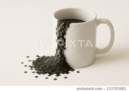 Pixelated stream of coffee flowing out of a mug. Space for text. 133783983
