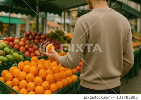 A man chooses fresh oranges at a fruit market. A man chooses fresh oranges at a fruit market. 133783988