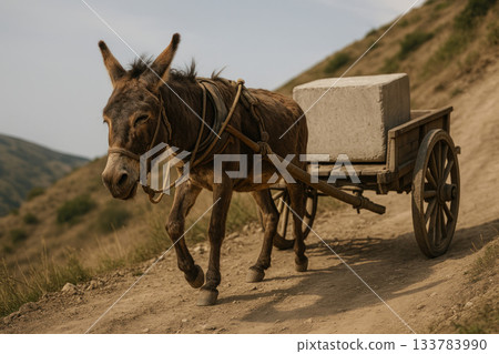 A donkey pulls a cart with a heavy load along a dirt road. A donkey pulls a cart with a heavy load along a dirt road. 133783990