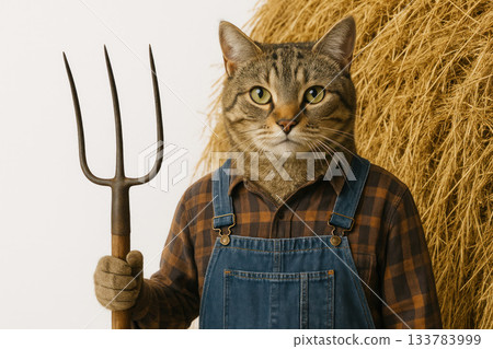 A farmer cat with a pitchfork against the background of hay bales. A farmer cat with a pitchfork against the background of hay bales. 133783999