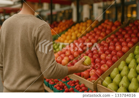 A man chooses a green apple at a fruit market. A man chooses a green apple at a fruit market. 133784016
