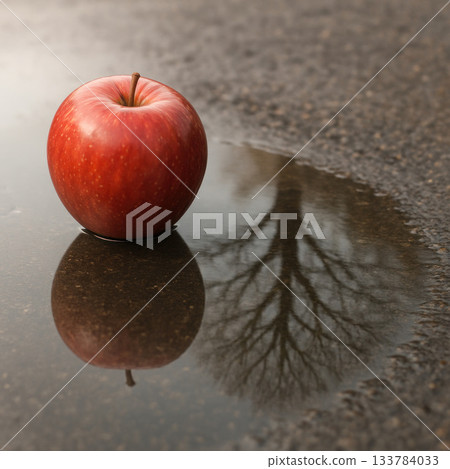 A red apple near a puddle with the reflection of a tree. Space for text. 133784033