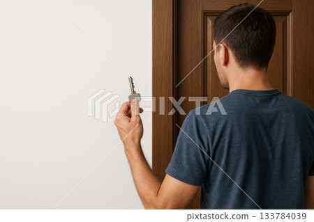 A man with a key in front of a closed door. Space for text. A man with a key in front of a closed door. Space for text. 133784039