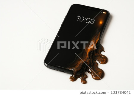 A smartphone with a molten fiery mass on the screen. Space for text. A smartphone with a molten fiery mass on the screen. Space for text. 133784041