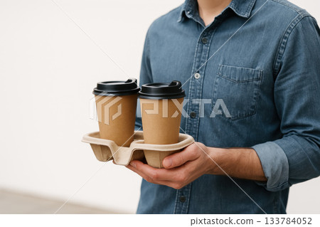 A man holds a tray with two paper cups of coffee. Space for text. 133784052
