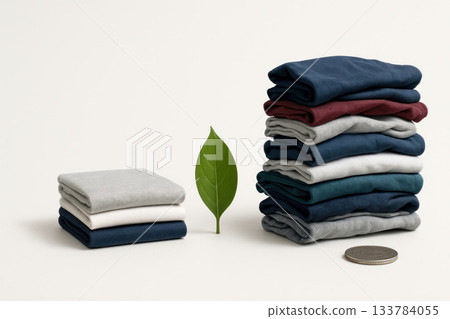 Neatly folded clothes and a green leaf on a neutral background. Space for text. Neatly folded clothes and a green leaf on a neutral background. Space for text. 133784055