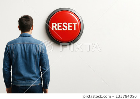 A man standing in front of a huge red RESET button. Space for text. A man standing in front of a huge red RESET button. Space for text. 133784056
