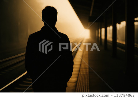 Silhouette of a man on an empty platform in foggy light. Space for text. 133784062