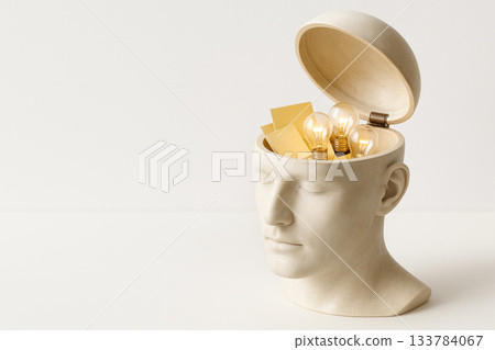 An open head with burning lamps and notes inside. Space for text. An open head with burning lamps and notes inside. Space for text. 133784067