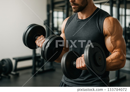 A strong man lifting heavy dumbbells in a modern gym. 133784072