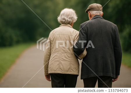 Elderly couple walking in the park, view from the back. Space for text. 133784073