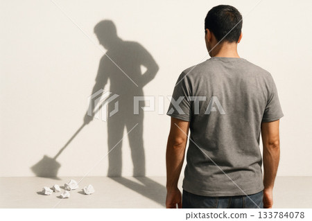 A man looks at his shadow cleaning up the garbage. Space for text. A man looks at his shadow cleaning up the garbage. Space for text. 133784078