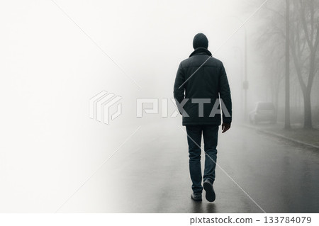 A lonely man walking down a foggy city street. Space for text. 133784079
