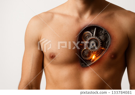 An open chest with a mechanical heart and working gears. An open chest with a mechanical heart and working gears. 133784081