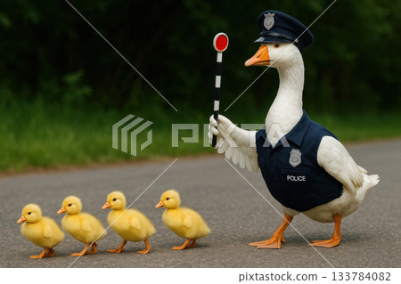 A policeman goose moves ducklings across the road. Space for text. A policeman goose moves ducklings across the road. Space for text. 133784082