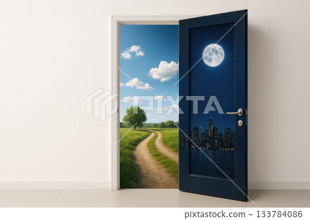 A door with a night city, open into a sunny landscape. Space for text. A door with a night city, open into a sunny landscape. Space for text. 133784086