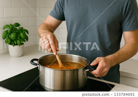 Man cooking homemade soup on the stove in a modern kitchen. Man cooking homemade soup on the stove in a modern kitchen. 133784091