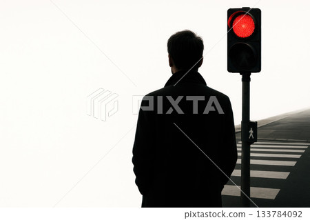 A man standing in front of a traffic light with a red light. Space for text. 133784092