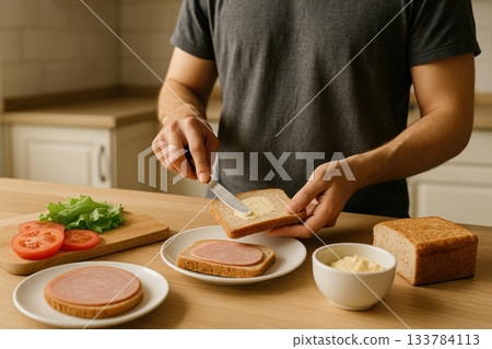 A man spreads butter on bread and prepares a sandwich in the kitchen. A man spreads butter on bread and prepares a sandwich in the kitchen. 133784113