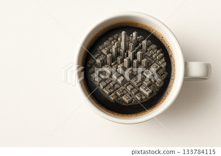 A miniature city of coffee skyscrapers in a cup of coffee. Space for text. A miniature city of coffee skyscrapers in a cup of coffee. Space for text. 133784115