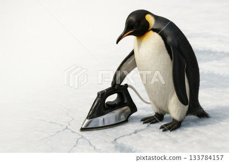 The penguin stands on the ice and strokes the surface with an iron, creating cracks. Space for text. The penguin stands on the ice and strokes the surface with an iron, creating cracks. Space for text. 133784157
