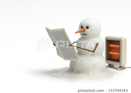 A snowman reads a newspaper next to the heater turned on. Space for text. 133784163