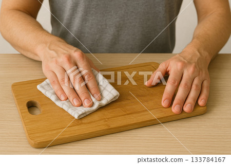 A person wipes a wooden cutting board. 133784167