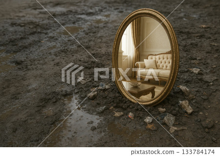 A mirror in the dirt reflecting a luxurious room. Space for text. 133784174