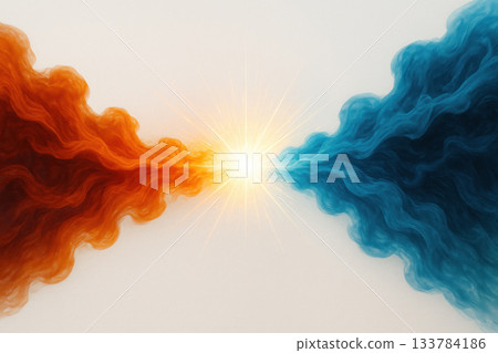The collision of red and blue streams with a bright flash. Space for text. 133784186