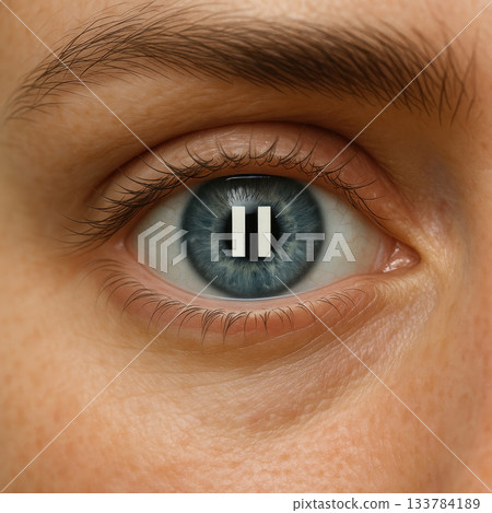 An eye with a pause symbol inside the pupil. 133784189