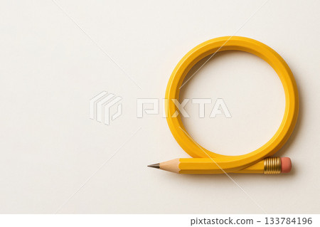 A yellow pencil twisted into a closed ring on a light background. Space for text. 133784196