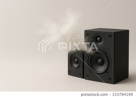 Black studio music speakers with a sound wave effect on a neutral background. Space for text. Black studio music speakers with a sound wave effect on a neutral background. Space for text. 133784199