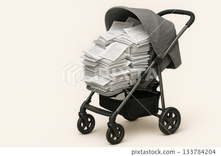 A baby stroller fully filled with stacks of documents. Space for text. 133784204