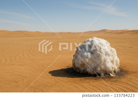 A dirty snowball melts in the hot desert. Space for text. A dirty snowball melts in the hot desert. Space for text. 133784223