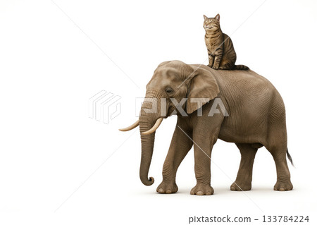 Cat sitting calmly on the back of a large elephant on a white background. Space for text. 133784224