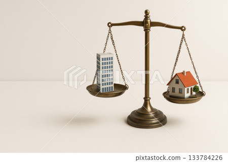 Scales with office building model and small house. Space for text. Scales with office building model and small house. Space for text. 133784226