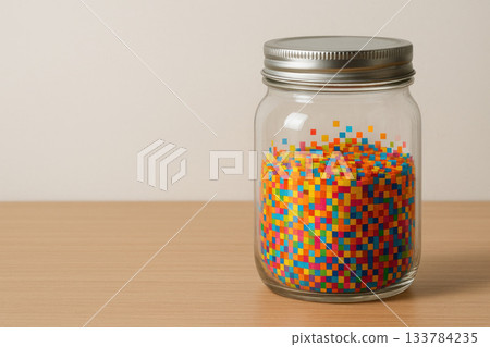 Glass jar with multi-colored pixel squares on the table. Space for text. Glass jar with multi-colored pixel squares on the table. Space for text. 133784235